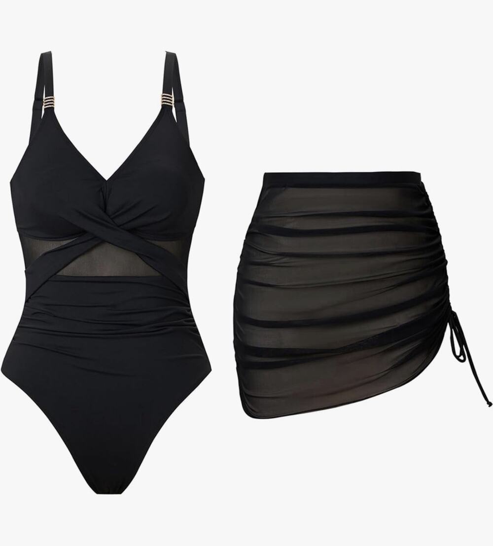 YUNIDMEIM Women’s One Piece Swimsuit W/Slimming Mesh Sarong Black Size M